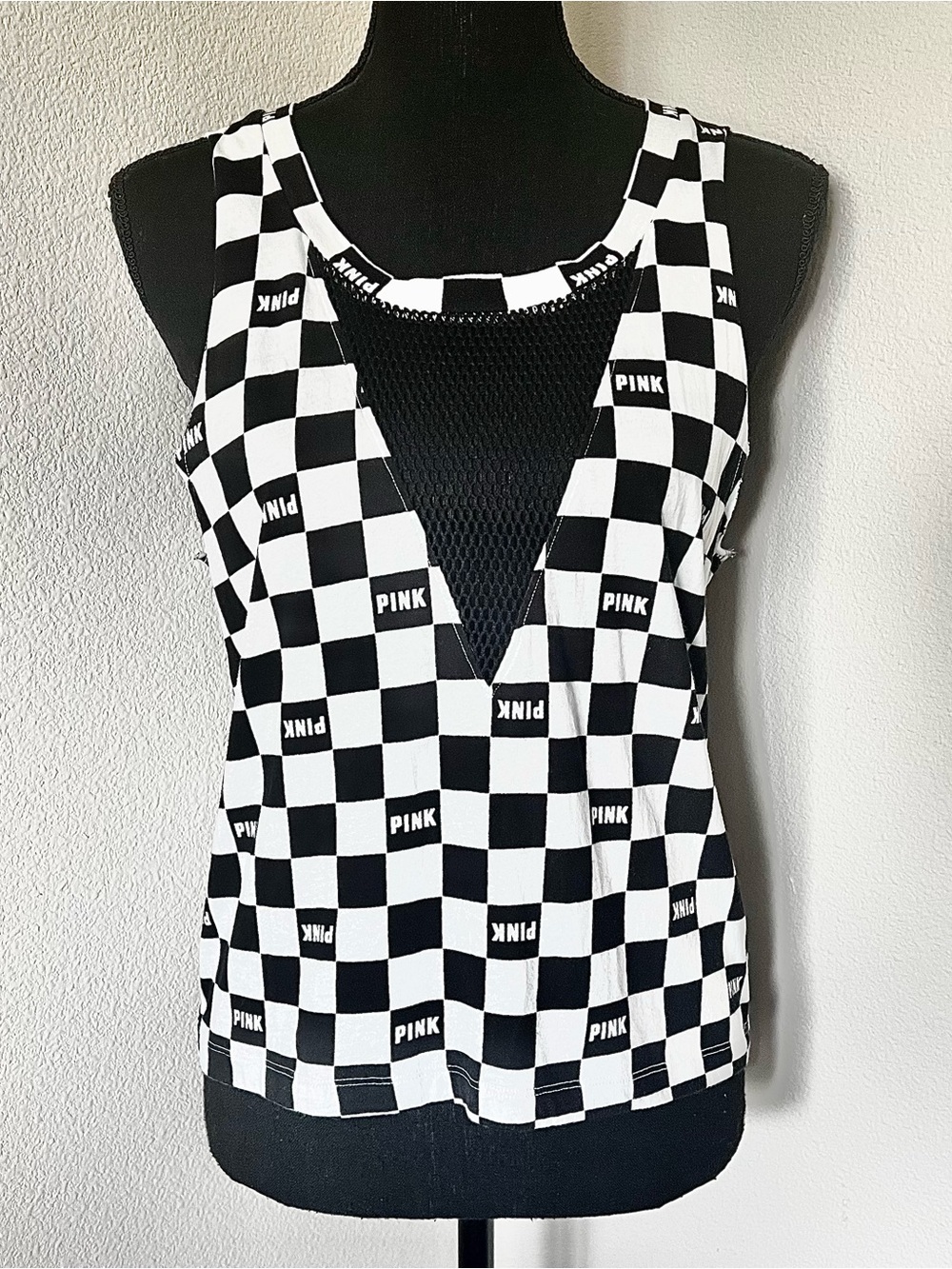 LIKE NEW • VS PINK Checkered Mesh Net Cut-Out Panel Cutoff Sleeve Tank •